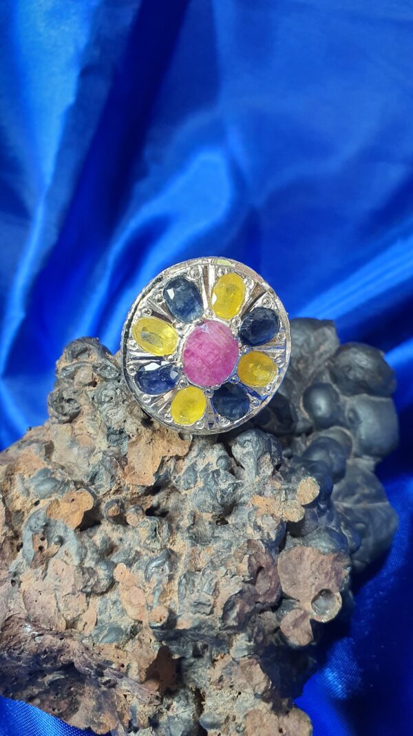Ruby, Yellow Sapphire and Blue Sapphire Multi Gemstone Ring Phra